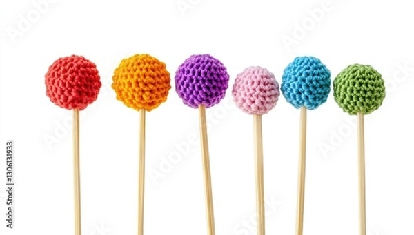 Fototapeta A set of colorful wooden toothpicks with round knitted balls on the top, arranged against an isolated white background,