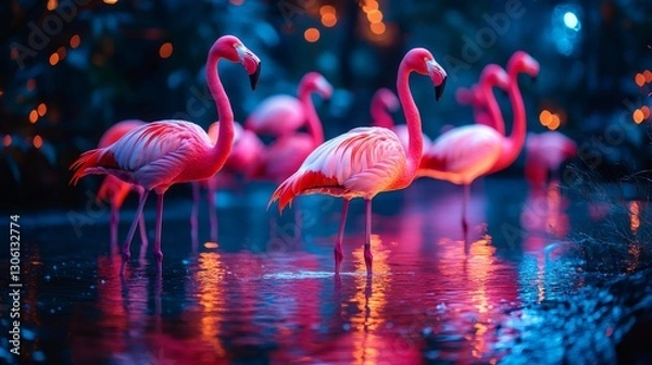 Fototapeta Pink flamingos wading in colorful illuminated water at night