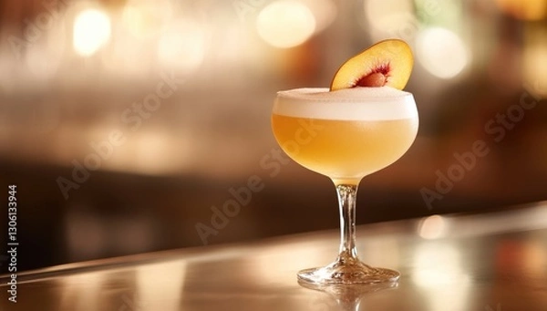 Fototapeta A sophisticated and modern cocktail, a peach Bellini in an elegant glass with delicate foam on top, garnished by a slice of peach, placed on the edge of a sleek bar table
