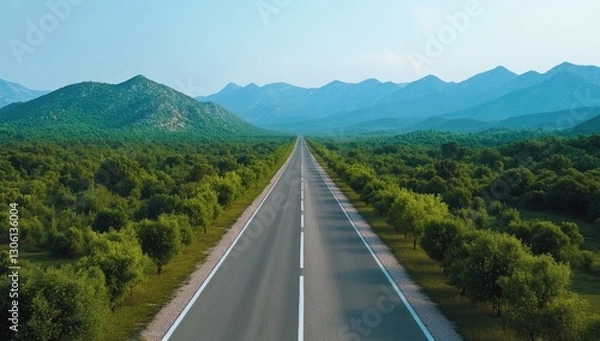 Fototapeta A straight road leads to the mountains, lined with green trees on both sides. The asphalt surface is smooth and clean. In front of you, you can see distant peaks covered in dense forests.