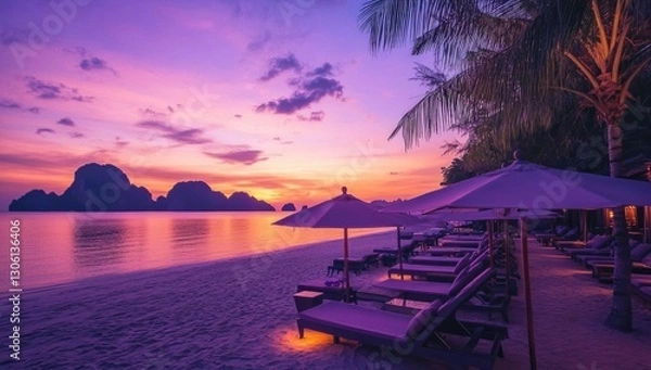 Fototapeta A stunning sunset over the beach at an elegant resort in Thailand, with loungers and umbrellas set up along its length.