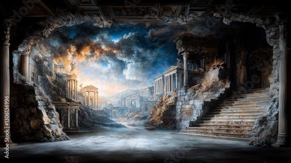 Obraz Ancient villa frescoes depicting roman life historical site art showcase ruins panoramic view cultural heritage