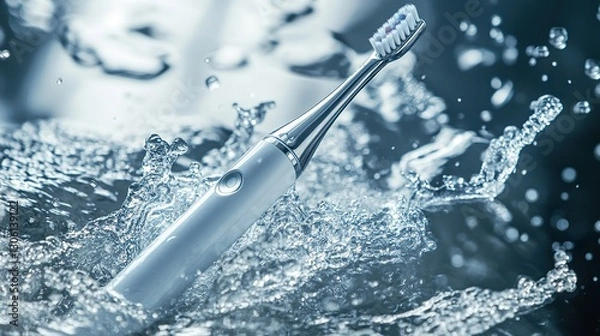 Fototapeta A high-tech ultrasonic toothbrush being used to clean teeth, dynamic water splashes