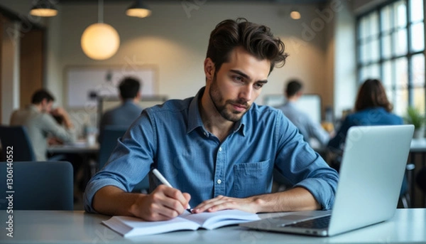 Fototapeta portrait of young office worker writing in notebook, colleagues working in background
