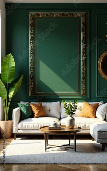 Fototapeta An elegant, modern living room featuring a bold Greek key patterned wallpaper, adorned with lush greenery and golden accents, exuding timeless sophistication.