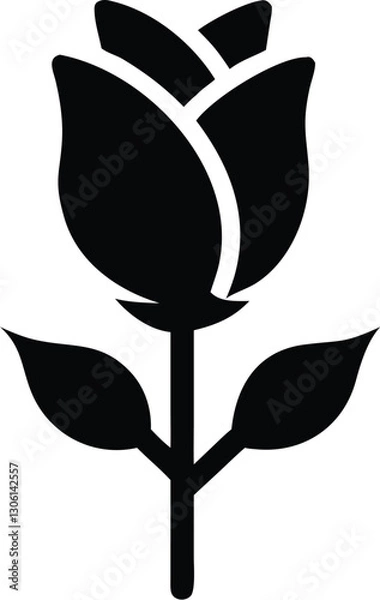Fototapeta Black and white illustration, minimalist rose design, bold outlines, simplified flower shape, single stem with leaves, graphic art style, clean lines, iconic rose symbol, stylized floral motif, high c