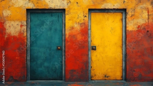 Fototapeta Vibrant teal and yellow doors contrast against a richly textured warm wall. AI Generated