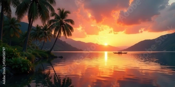 Fototapeta Serene Sunset over Calm Water with Palm Trees and a Distant Boat