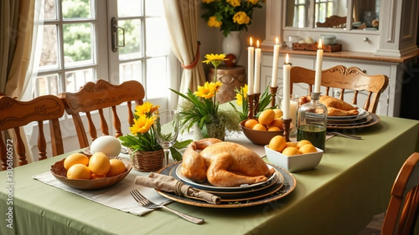 Fototapeta Traditional Easter feast with decorated table