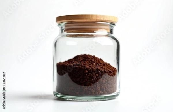 Fototapeta Instant coffee in glass jar with wooden lid. Brown granular powder inside transparent container. Energy drink ingredient for cafes and home use. Breakfast beverage, dry preserved food.