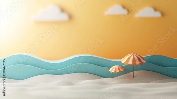 Fototapeta Colorful Beach Scene with Parasol and Waves Under a Warm Sunset with Gentle Clouds and Soft Sand Texture