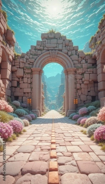 Fototapeta Serene Pathway Through Ancient Ruins A Stone Archway Leads to a Dreamlike Landscape