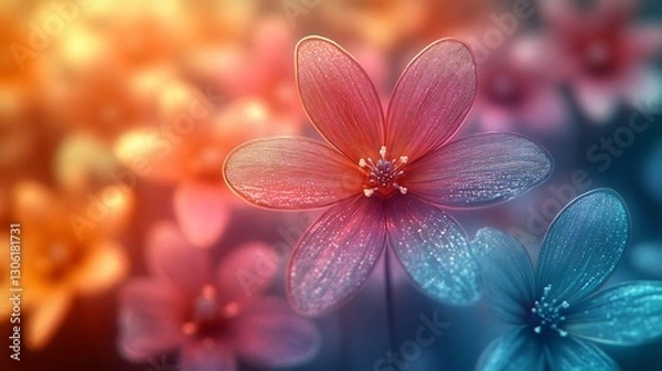 Fototapeta Vibrant flowers glow softly in warm light creating a dreamy whimsical aesthetic. AI Generated