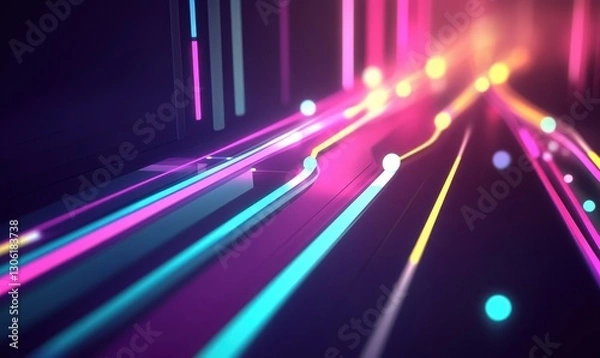 Fototapeta Neon light trails speed through dark space, ideal for tech backgrounds