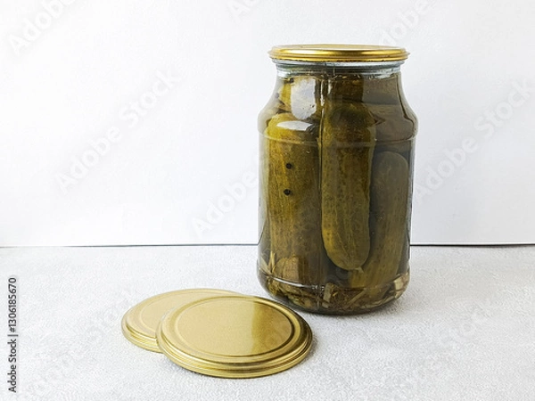 Fototapeta Pickled cucumbers in brine in a glass jar and metal lids on the table. Pickling cucumbers. Canning vegetables. Snacks. Botulism.