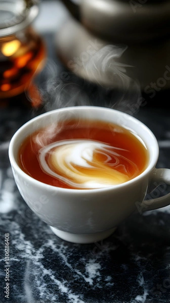 Fototapeta Aromatic indulgence, Steaming cup of tea with swirling cream perfection