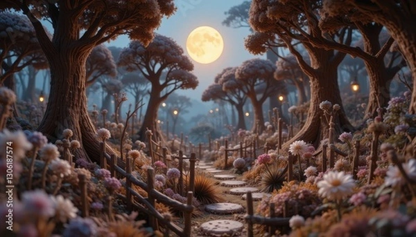 Fototapeta Enchanting Moonlit Path Fantasy Forest Scene with Flowers and Wooden Fence