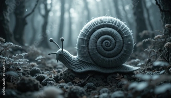 Obraz Enormous Snail Crawls Through a Mystical Dark Forest A 3D Rendered Image