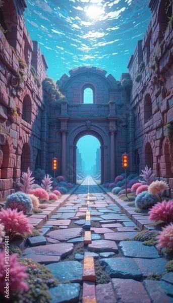 Fototapeta Surreal Underwater Cityscape Stone Archway Path with Vibrant Flora and Traffic Lights