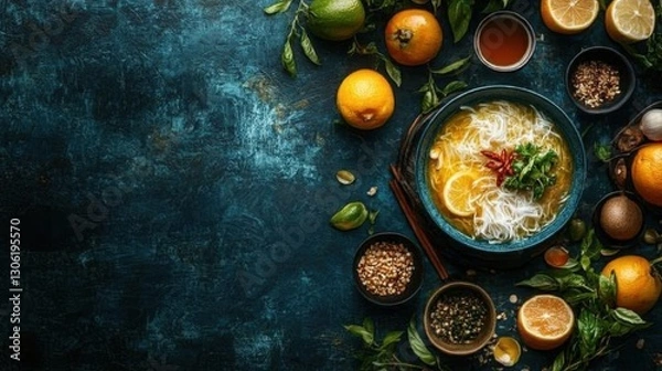 Obraz Bowl of noodles with fresh lemons and assorted cooking ingredients on a wooden table