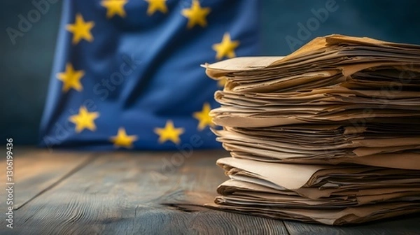 Fototapeta EU Bureaucracy: A Stack of Documents Against a Blurred European Flag