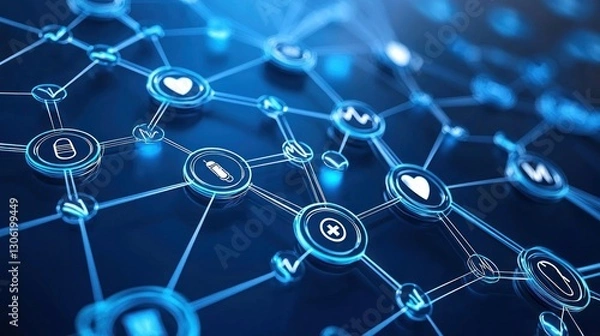 Fototapeta A futuristic abstract network displaying various healthcare related icons