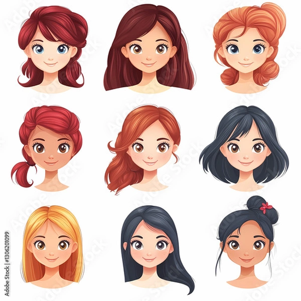 Obraz Cartoon portraits featuring diverse hairstyles and hair colors, showcasing a variety of looks and styles.