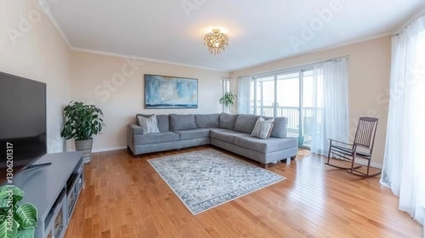 Fototapeta Modern Living Room with Gray Sofa and Natural Light from Windows