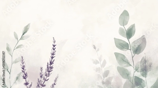 Fototapeta Whimsical Watercolor Design with Lavender and Eucalyptus Leaves in Soft Green and Purple Tones, Blending into Gentle White Background, Ideal for Wellness and Lifestyle Branding.