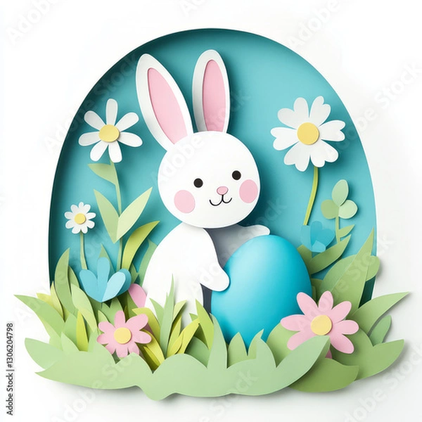 Obraz Cute paper cut illustration of bunny with egg in garden