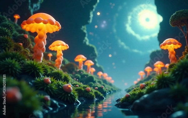 Fototapeta A bioluminescent alien forest thriving under a swirling galaxy, with towering plants resembling jellyfish and colorful creatures darting among shimmering, floating spores.