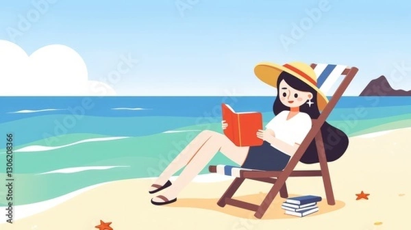 Fototapeta a Girl Reading on a Beach Chair by the Sea, Relaxing Outdoor Scene