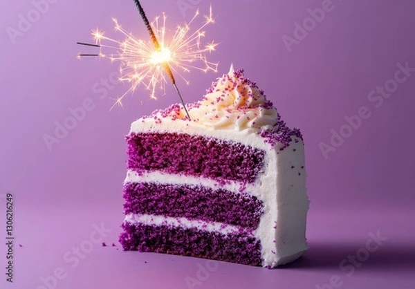 Obraz Delicious purple cake slice with sparkler on top against a vibrant purple background perfect for celebrations and festive occasions created with sweet indulgence