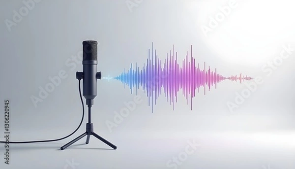 Fototapeta A professional podcast microphone emitting dynamic sound waves, set against a sleek light gray background, symbolizing broadcasting, audio recording, and digital communication.

