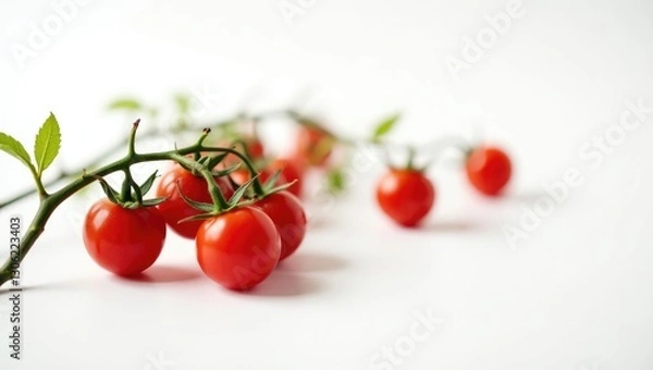 Obraz Bright red cherry tomato vines displayed against a white backdrop.