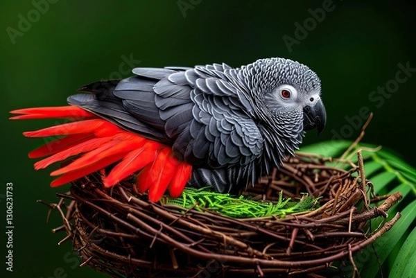Fototapeta Colorful bird rests in a nest surrounded by lush greenery in a tropical setting during daylight hours