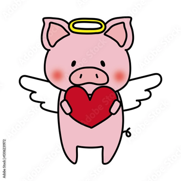 Obraz 赤いハートを持っている天使の格好をしたぶた