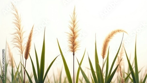 Fototapeta Pampas Grass, Cattail, Bulrush, and Narrowleaf Reedmace Isolated Against a Light Background