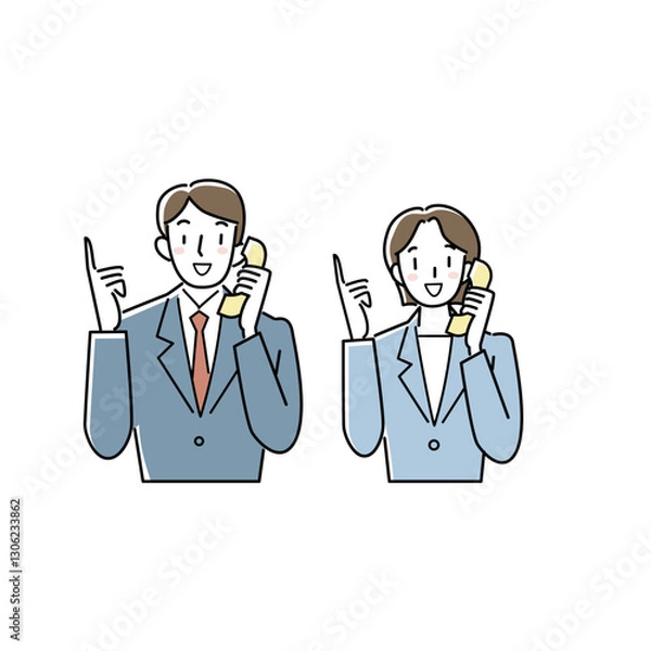 Fototapeta 指さしポーズで電話をするスーツの男女