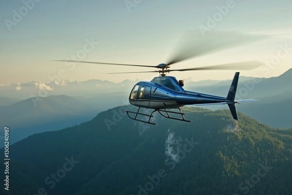 Fototapeta A Helicopter Flying in the Air Over a Mountain Range - Generative AI