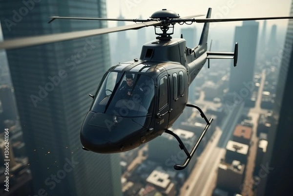 Fototapeta A Helicopter Flying Over a City With Tall Buildings in the Background - Generative AI