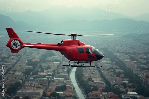 Fototapeta A Red Helicopter Flying Over a City With a River Running Through It - Generative AI