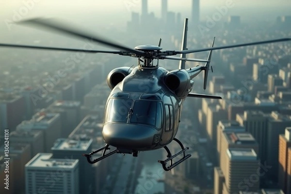 Fototapeta A Helicopter Flying Over a City With Tall Buildings in the Background - Generative AI
