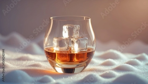 Obraz Elegant whiskey glass featuring ice cubes, set against a soft background.
