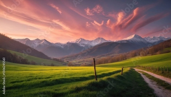 Fototapeta a scenic countryside panorama in Romania at dusk. stunning mountain landscape in springtime with rolling hills and a lush grassy area. rural environment