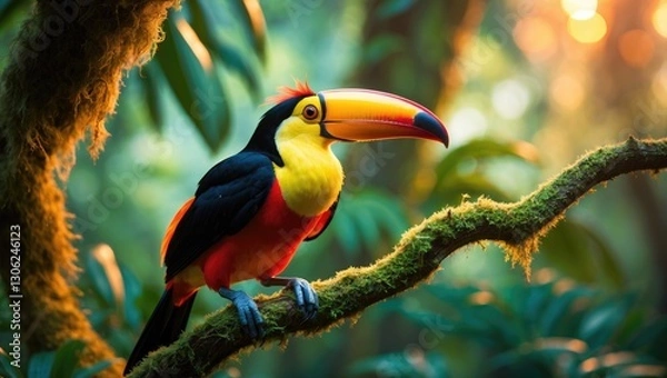 Fototapeta vibrant plate-billed toucan resting on a branch in the wild