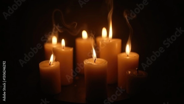 Fototapeta Detailed view of illuminated candles amidst shadows