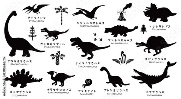 Obraz 恐竜のシルエットイラストセット　