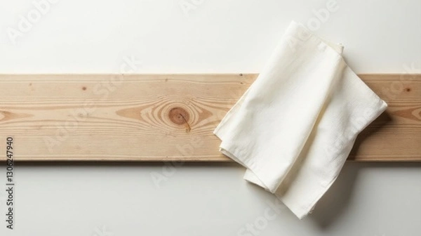 Obraz Cream-colored fabric draped elegantly atop a light wood plank, minimalist design concept