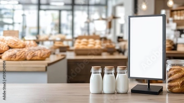 Fototapeta Cozy Modern Bakery Interior with Fresh Breads and Milk on a Wooden Table, Featuring a Clean and Inviting Atmosphere for Customers. Blank advertising mockup board for advertisement at the bakery shop. 